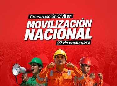 Gráfica de una obrera y dos obreros de construcción civil arengando, con la frase en la parte superior 
